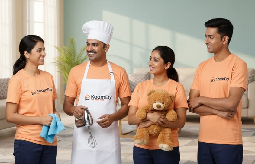 Professional team of female house helpers from KaamEzy wearing vibrant yellow uniforms, ready to begin work and provide exceptional home care services in India